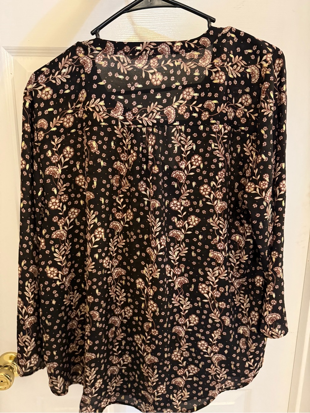 Maurices Black & Cream Floral V-Neck Blouse with Gold accents - Picture 2 of 6